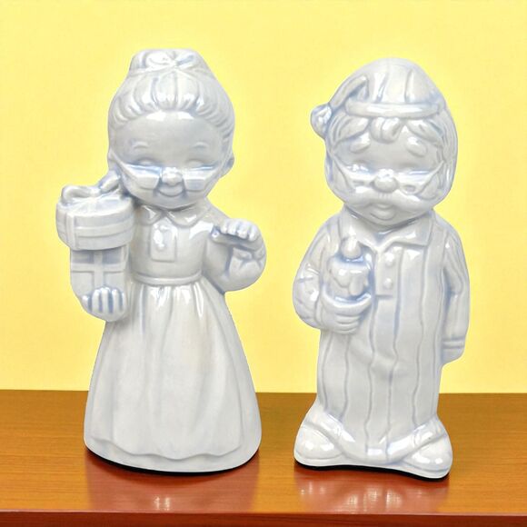 Vintage Ceramic Christmas Figurines: Hand-Painted Pajama Couple - Picture 1 of 6